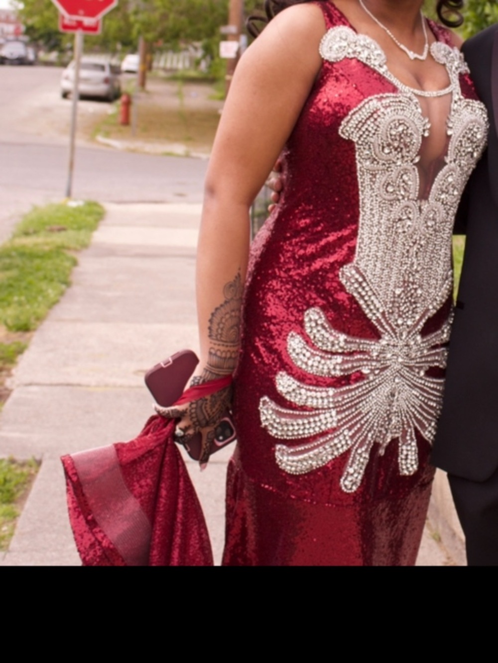 Sequined Burgundy Evening Gown with Crystal Embellishment